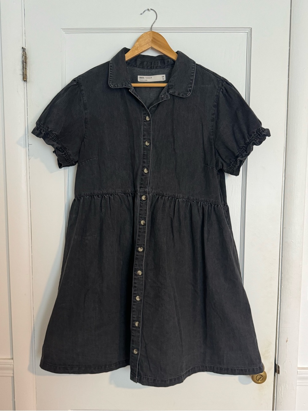 ASOS Denim Black Washed Button-Front Short Sleeve Maternity Dress